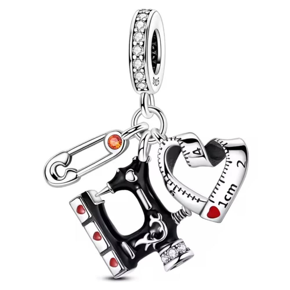 NWOT Sewing Machine, Tape Measure, & Safety Pin Triple Dangle Charm Silver 925
